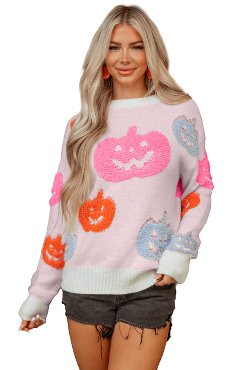 Textured Pumpkin Graphic Pullover Knit Sweater
