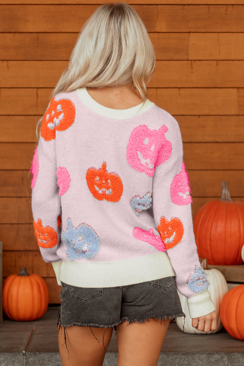 Textured Pumpkin Graphic Pullover Knit Sweater