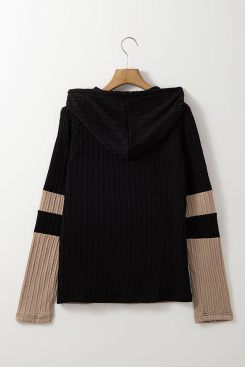 Textured Quarter Zip Drawstring Hooded Long Sleeve Top