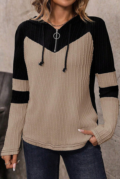 Textured Quarter Zip Drawstring Hooded Long Sleeve Top