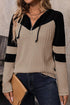 Textured Quarter Zip Drawstring Hooded Long Sleeve Top
