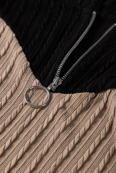 Textured Quarter Zip Drawstring Hooded Long Sleeve Top