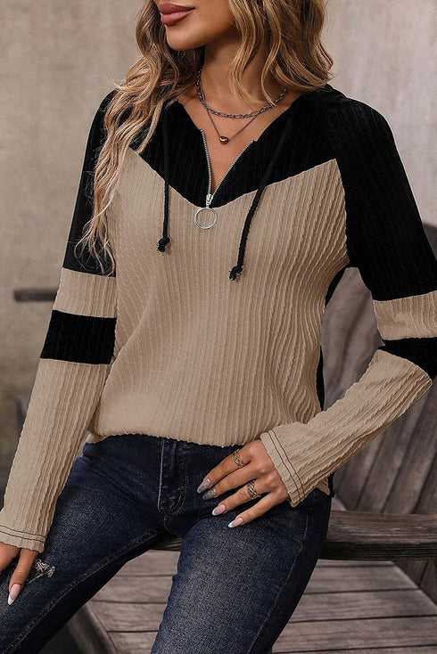 Textured Quarter Zip Drawstring Hooded Long Sleeve Top