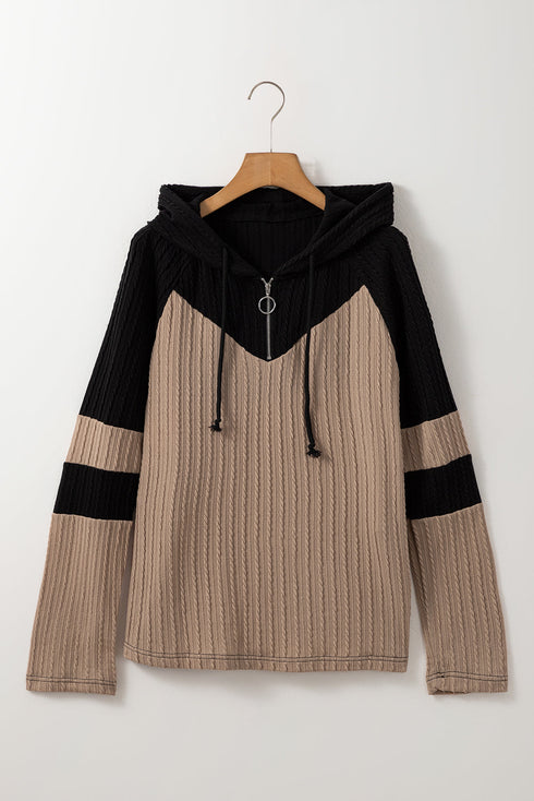 Textured Quarter Zip Drawstring Hooded Long Sleeve Top