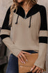 Textured Quarter Zip Drawstring Hooded Long Sleeve Top