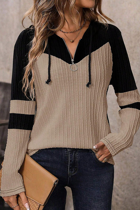 Textured Quarter Zip Drawstring Hooded Long Sleeve Top