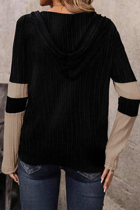 Textured Quarter Zip Drawstring Hooded Long Sleeve Top