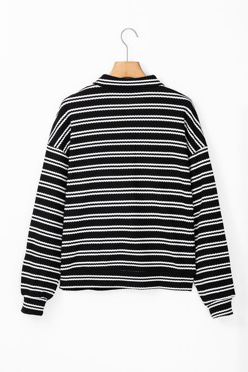 Textured Quarter Zip Striped Long Sleeve Pullover Top