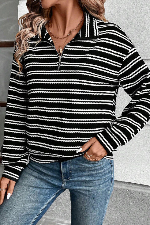Textured Quarter Zip Striped Long Sleeve Pullover Top