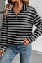 Textured Quarter Zip Striped Long Sleeve Pullover Top
