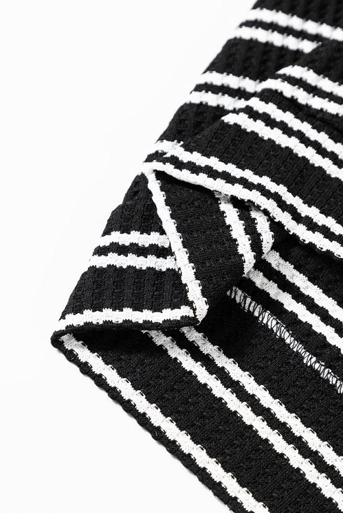 Textured Quarter Zip Striped Long Sleeve Pullover Top