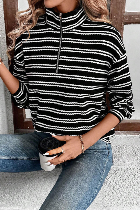 Textured Quarter Zip Striped Long Sleeve Pullover Top