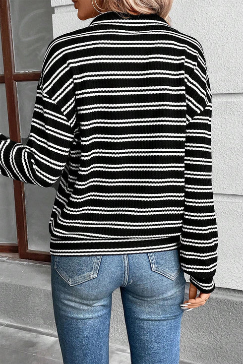 Textured Quarter Zip Striped Long Sleeve Pullover Top