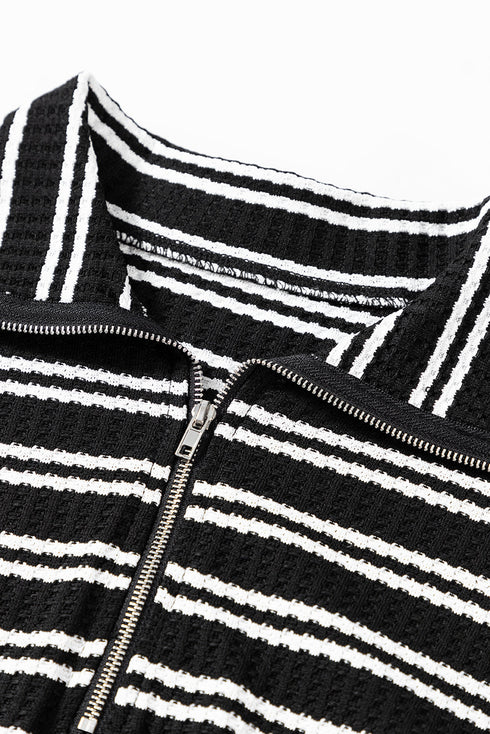 Textured Quarter Zip Striped Long Sleeve Pullover Top