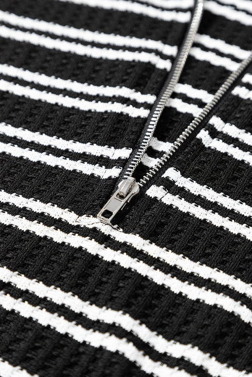 Textured Quarter Zip Striped Long Sleeve Pullover Top
