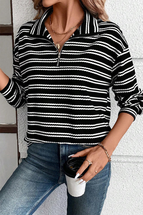 Textured Quarter Zip Striped Long Sleeve Pullover Top