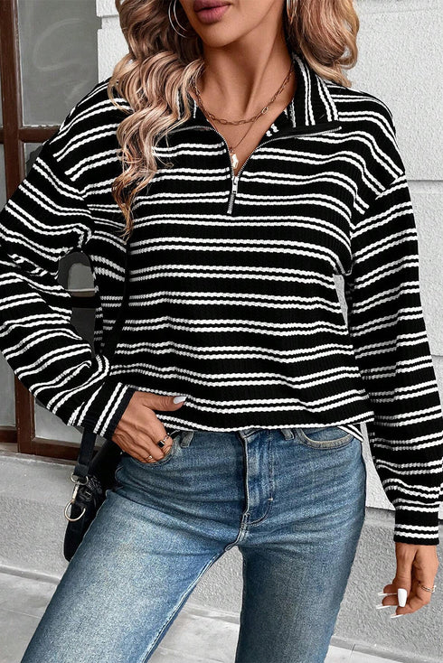 Textured Quarter Zip Striped Long Sleeve Pullover Top