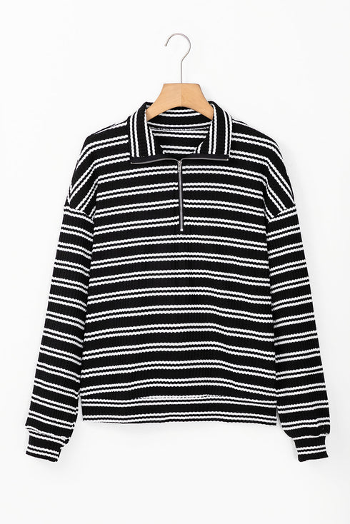 Textured Quarter Zip Striped Long Sleeve Pullover Top