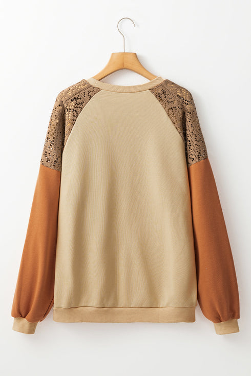 Textured Raglan Sleeve Mixed Media Pullover Sweatshirt