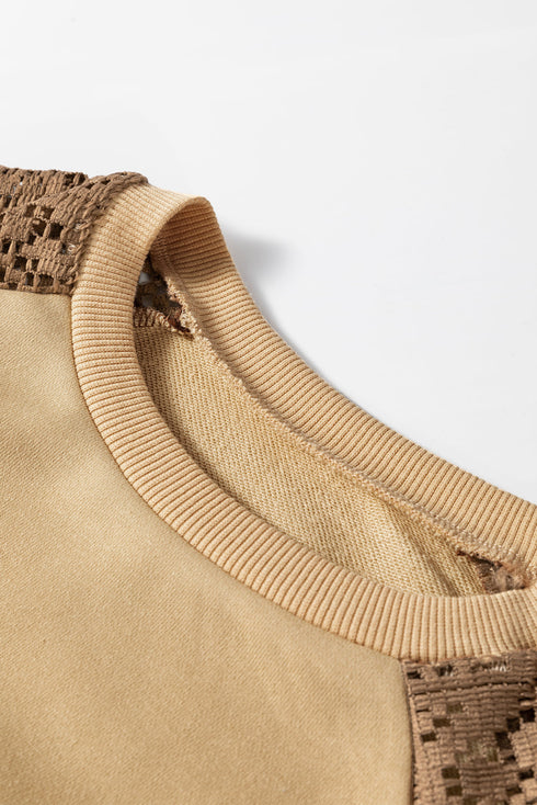 Textured Raglan Sleeve Mixed Media Pullover Sweatshirt