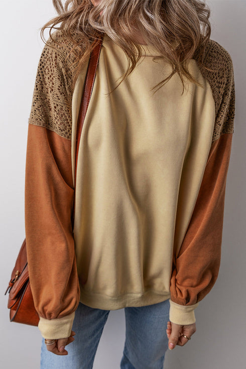 Textured Raglan Sleeve Mixed Media Pullover Sweatshirt