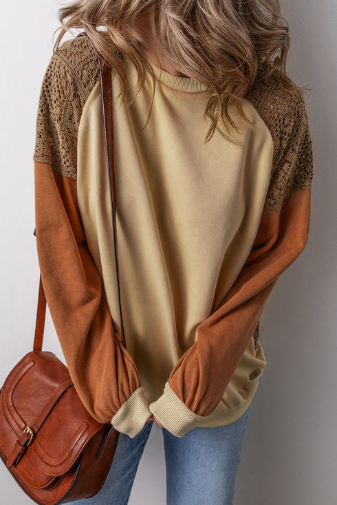 Textured Raglan Sleeve Mixed Media Pullover Sweatshirt