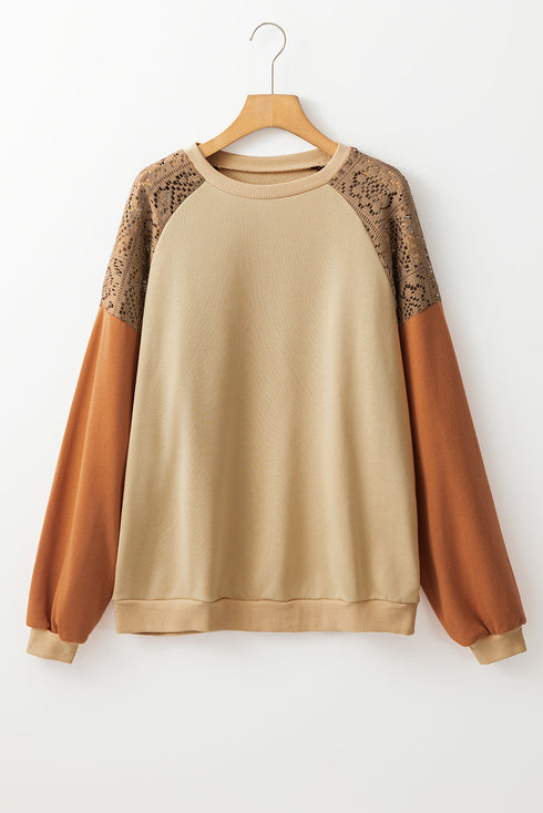 Textured Raglan Sleeve Mixed Media Pullover Sweatshirt