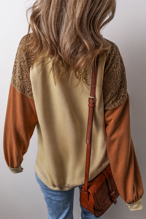 Textured Raglan Sleeve Mixed Media Pullover Sweatshirt