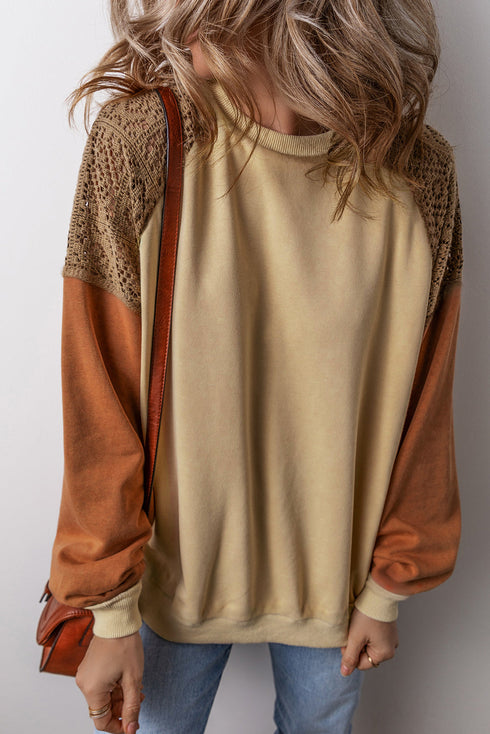 Textured Raglan Sleeve Mixed Media Pullover Sweatshirt