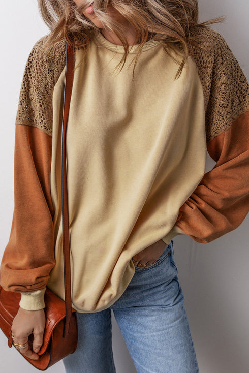 Textured Raglan Sleeve Mixed Media Pullover Sweatshirt