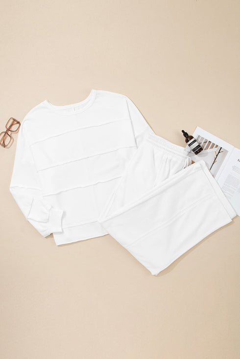 Textured Raw Seam Pullover And Drawstring Wide Leg Loungewear