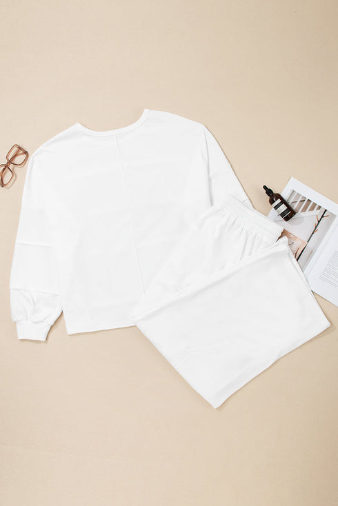 Textured Raw Seam Pullover And Drawstring Wide Leg Loungewear