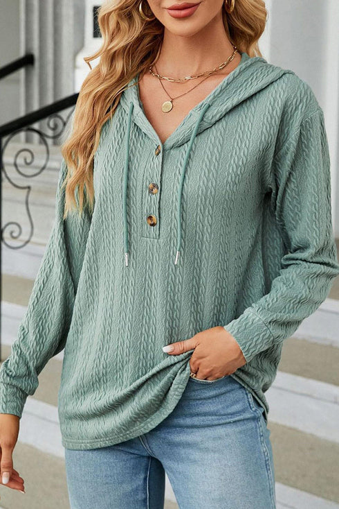 Textured Relaxed Fit Button Front Hooded Long Sleeve Top