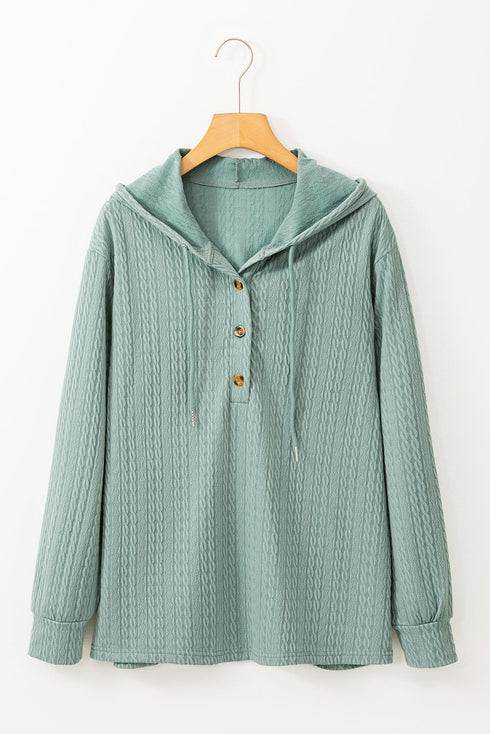 Textured Relaxed Fit Button Front Hooded Long Sleeve Top