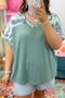 Textured Ribbed Camouflage Patchwork V Neck Tee