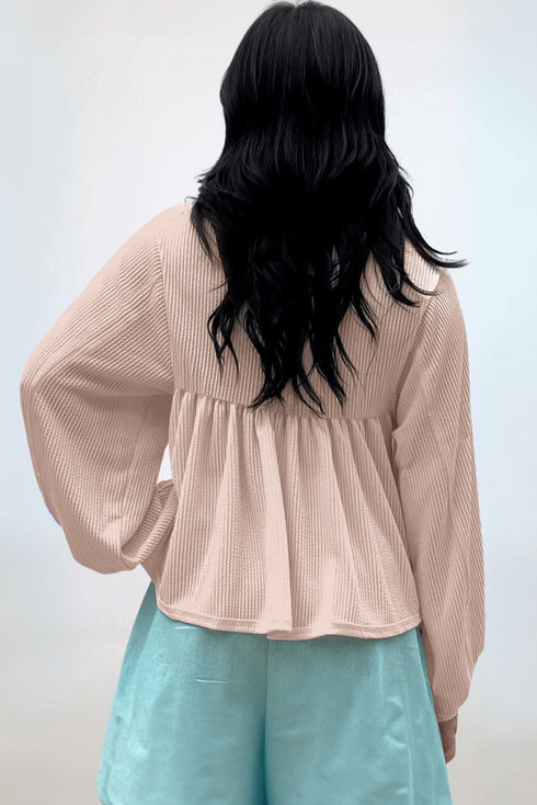 Textured Ribbed Collared Balloon Sleeve Babydoll Top