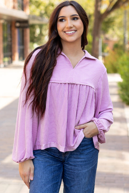 Textured Ribbed Collared Balloon Sleeve Babydoll Top