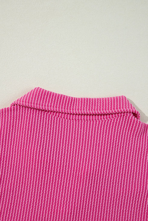 Textured Ribbed Collared Balloon Sleeve Babydoll Top