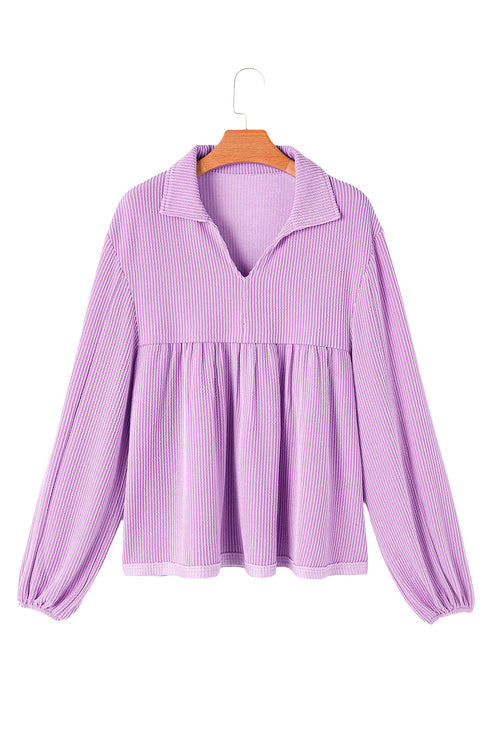Textured Ribbed Collared Balloon Sleeve Babydoll Top