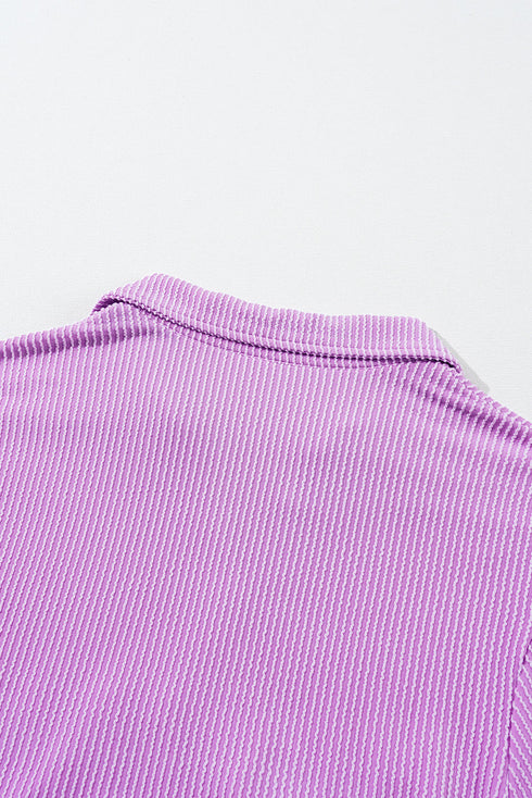 Textured Ribbed Collared Balloon Sleeve Babydoll Top