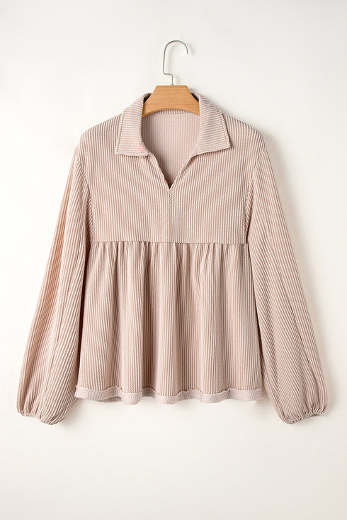 Textured Ribbed Collared Balloon Sleeve Babydoll Top