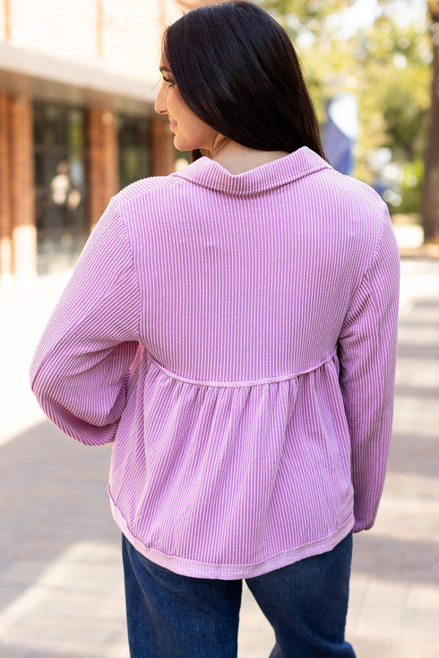 Textured Ribbed Collared Balloon Sleeve Babydoll Top