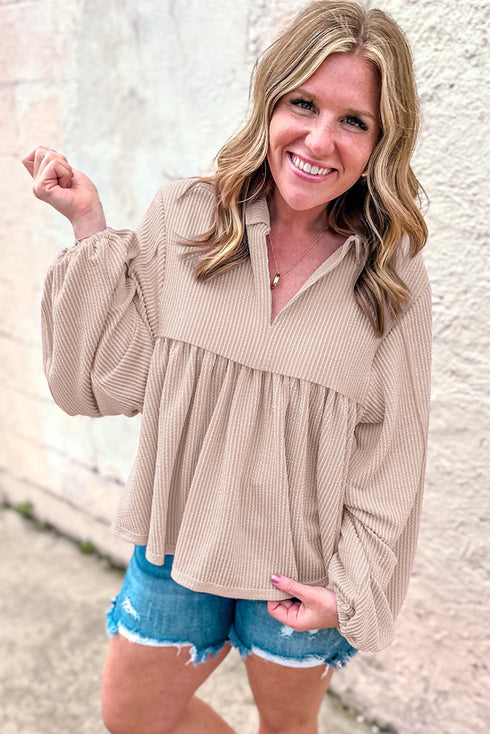 Textured Ribbed Collared Balloon Sleeve Babydoll Top