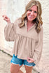 Textured Ribbed Collared Balloon Sleeve Babydoll Top
