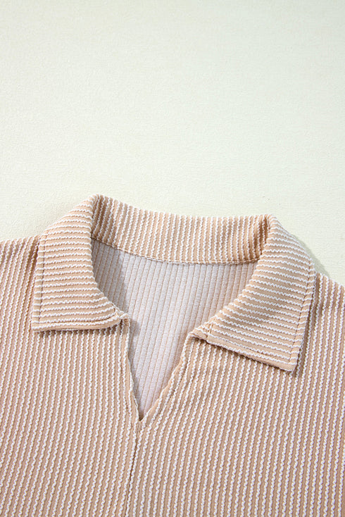Textured Ribbed Collared Balloon Sleeve Babydoll Top