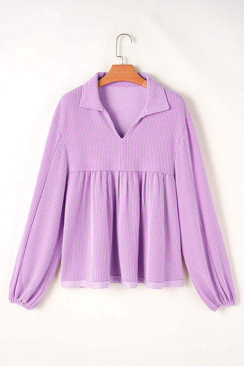 Textured Ribbed Collared Balloon Sleeve Babydoll Top
