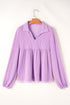 Textured Ribbed Collared Balloon Sleeve Babydoll Top