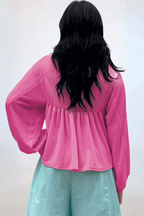 Textured Ribbed Collared Balloon Sleeve Babydoll Top