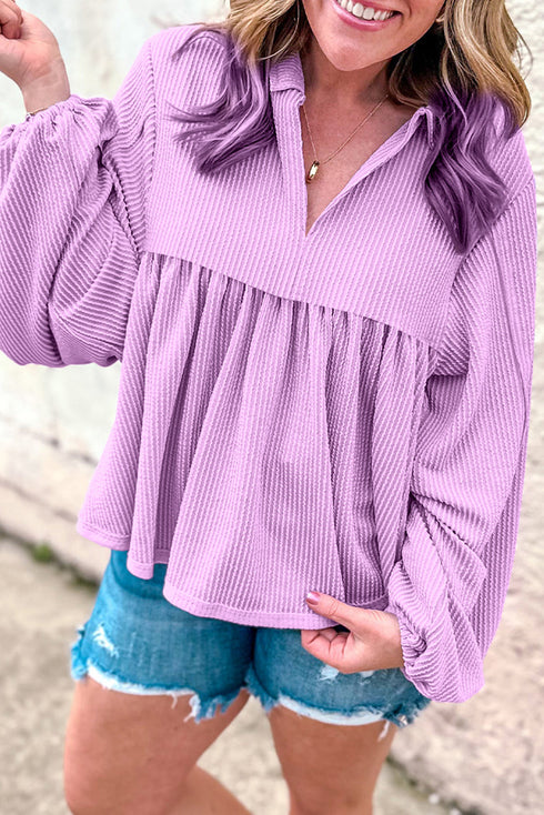 Textured Ribbed Collared Balloon Sleeve Babydoll Top