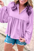 Textured Ribbed Collared Balloon Sleeve Babydoll Top